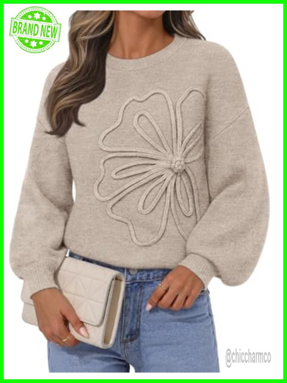 Women's Oversized Knit Sweater Pullover with 3D Floral Lantern Sleeves